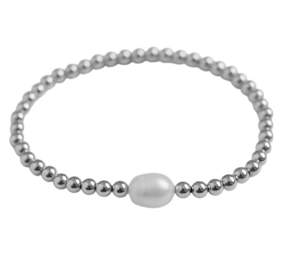 4mm Bead Bracelet w/ Pearl-Silver