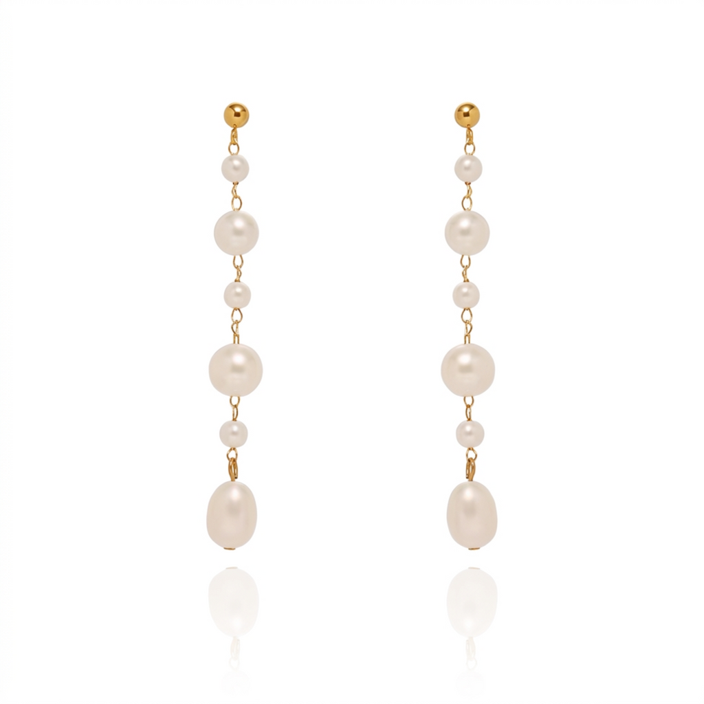 Pearl and gold long drop earrings