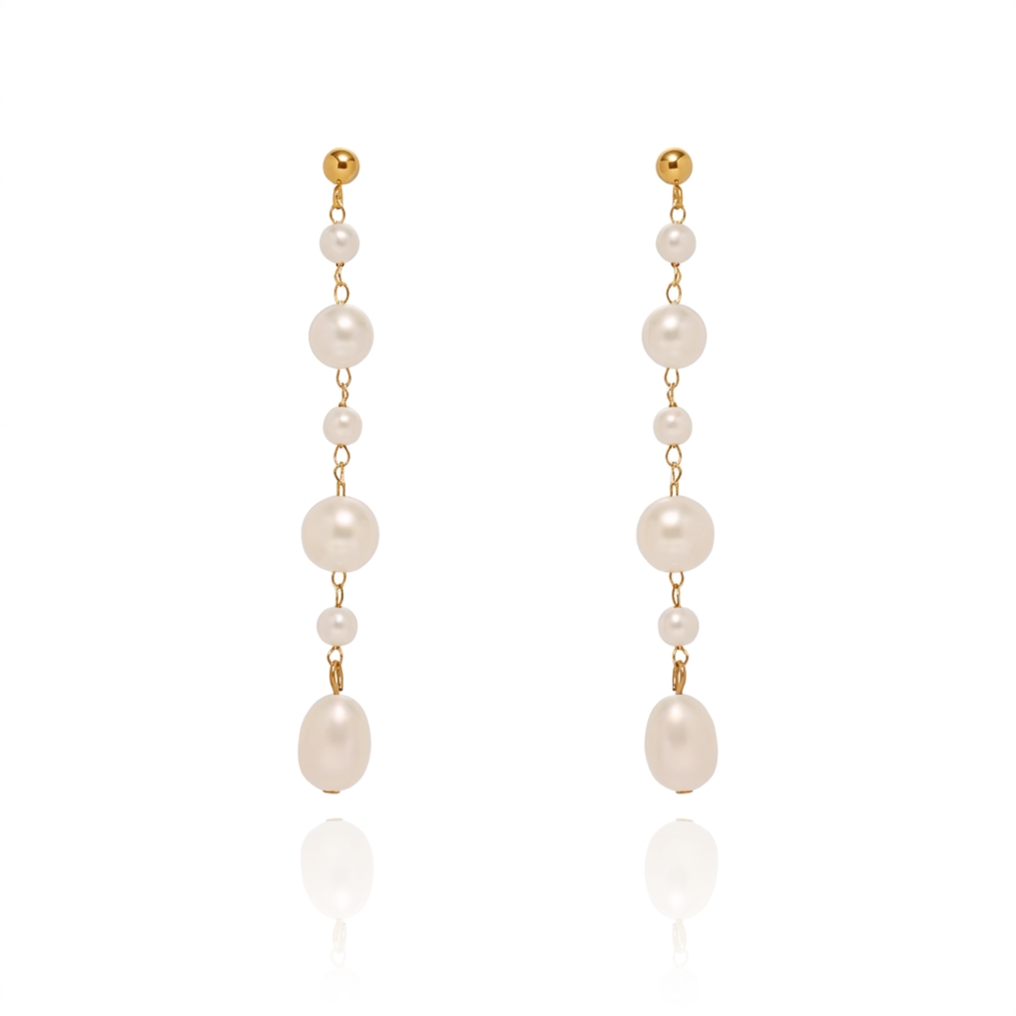 Pearl and gold long drop earrings