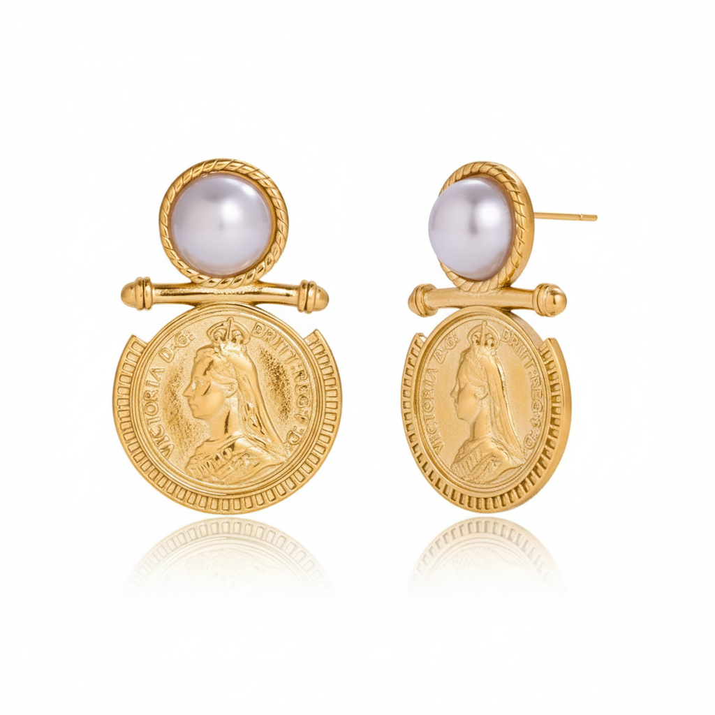 Queen Victoria Coin Pearl Earrings