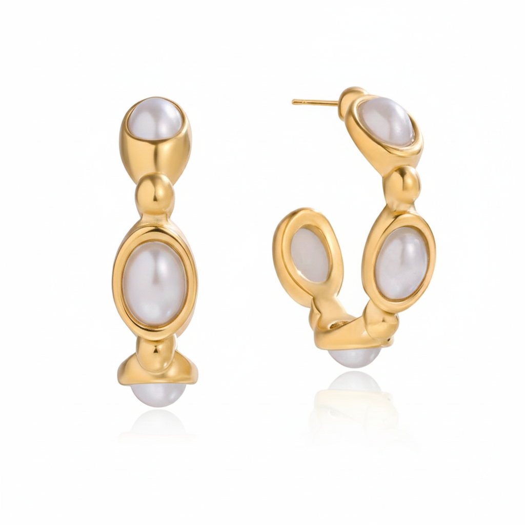 Estate Pearl Cabochon Hoops