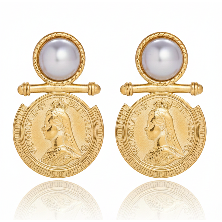 Queen Victoria Coin Pearl Earrings