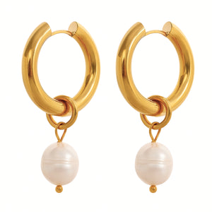 Gold Hoop with Freshwater Pearl Earrings