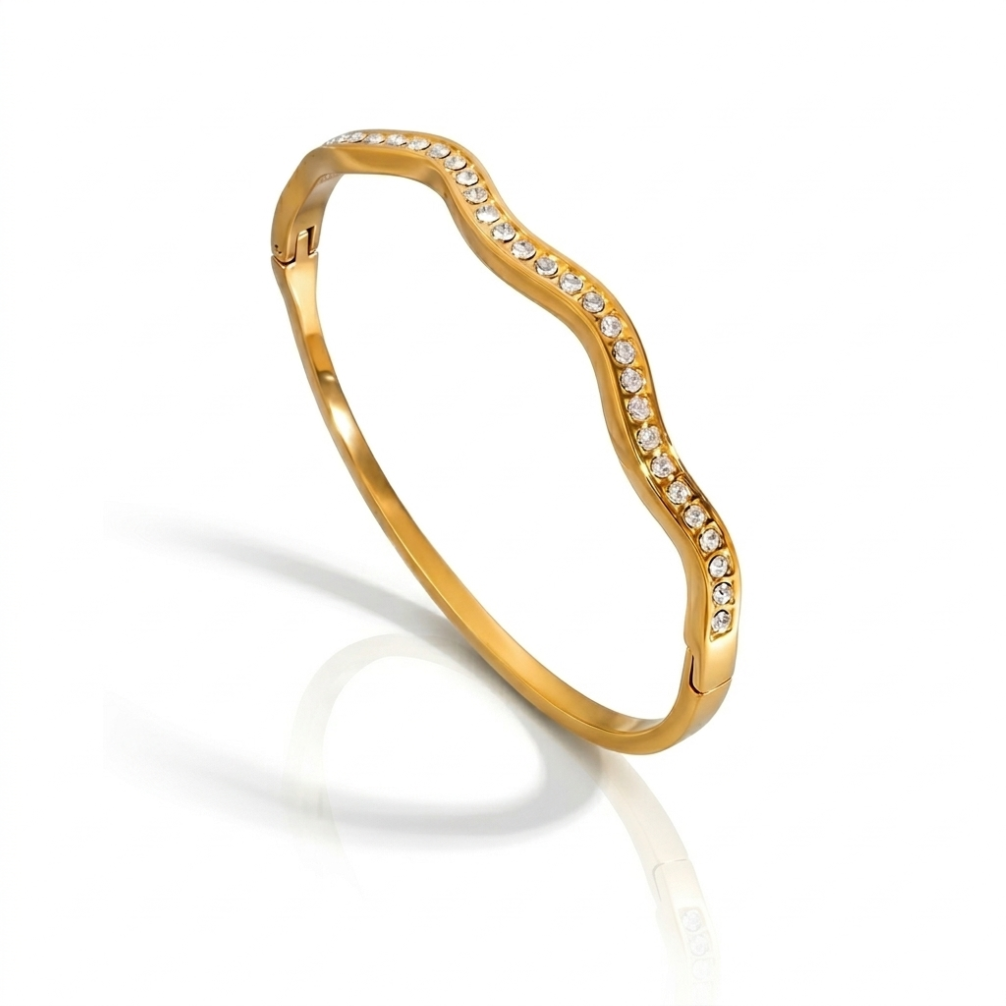 Gold plated wave bangle with crystal inlay, 18k gold stainless steel waterproof curved bracelet for women