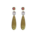 A pair of long dangle earrings with gold-toned metal, a clear faceted rectangular stone, and a round green gemstone topped with a pink floral detail, shown on a plain white background.