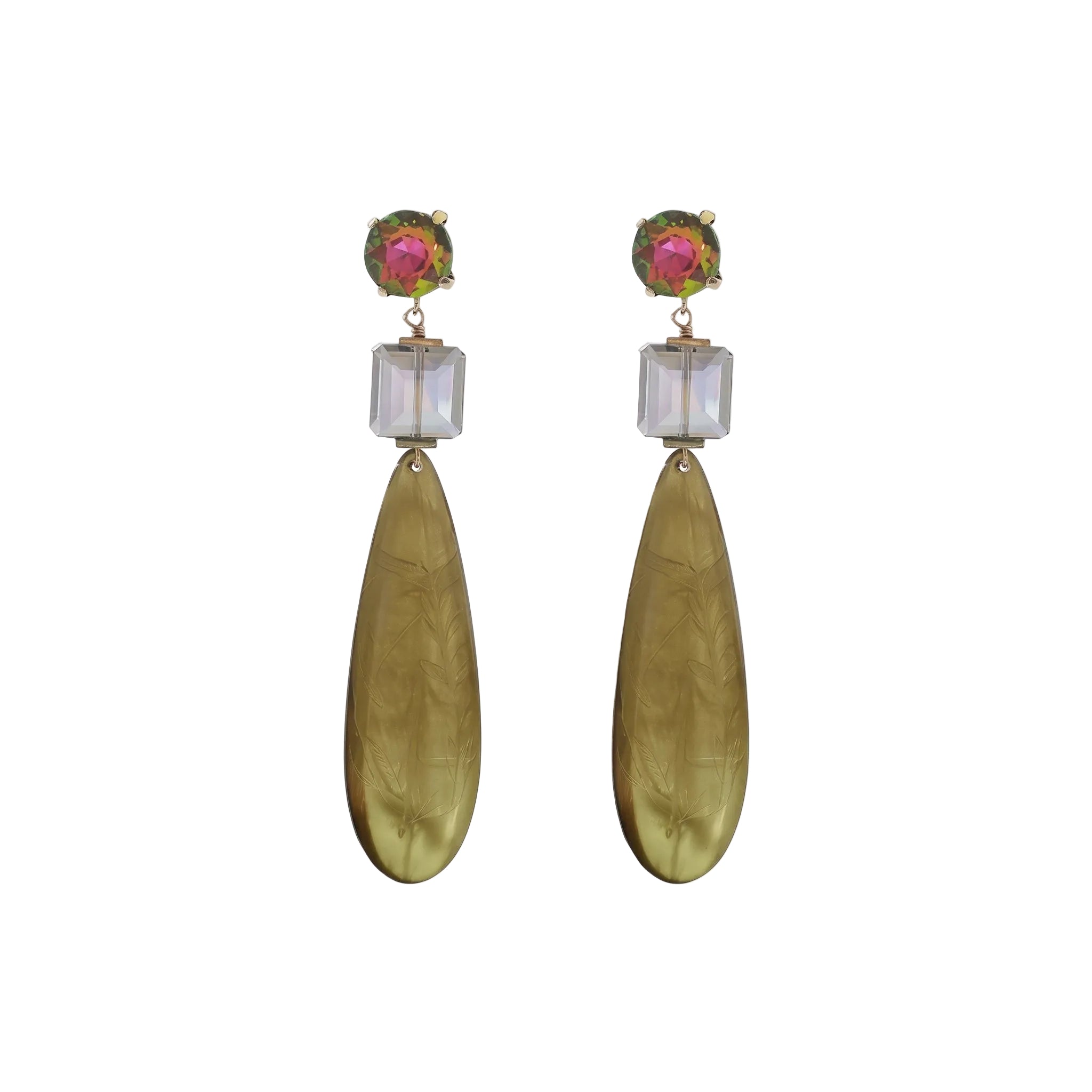 A pair of long dangle earrings with gold-toned metal, a clear faceted rectangular stone, and a round green gemstone topped with a pink floral detail, shown on a plain white background.