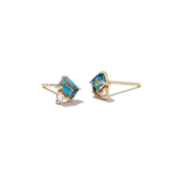 Emerald Cut London Blue Simulated Sapphire and Diamond Stud Earrings