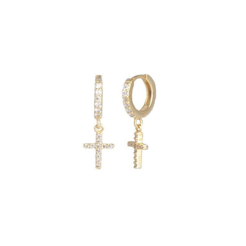 Pave Huggie and Pave Cross Drop Earrings